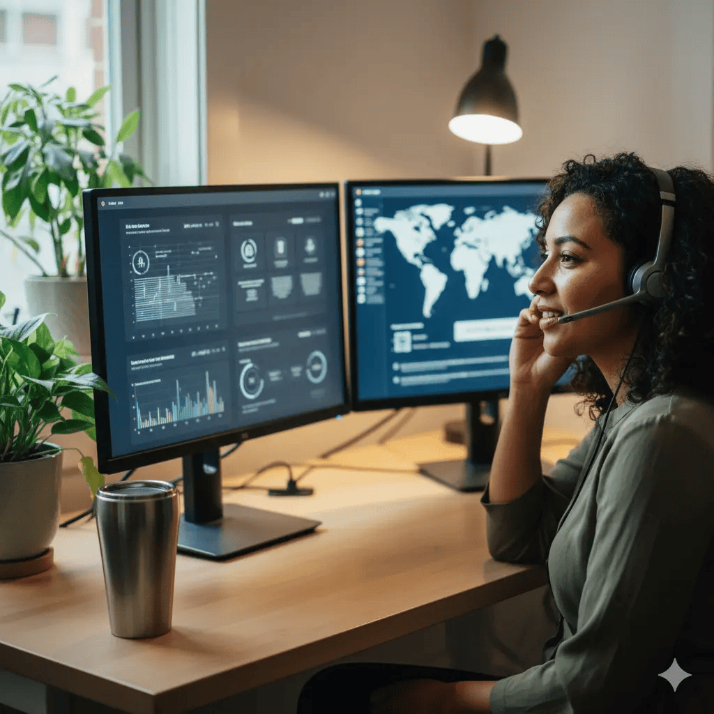 Customer support agent using dual monitors and a headset, enabled by session border controller technology in business phone systems for small businesses.