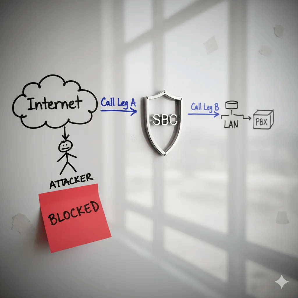 Whiteboard diagram showing how a session border controller protects business phone systems for small businesses from internet-based attackers.