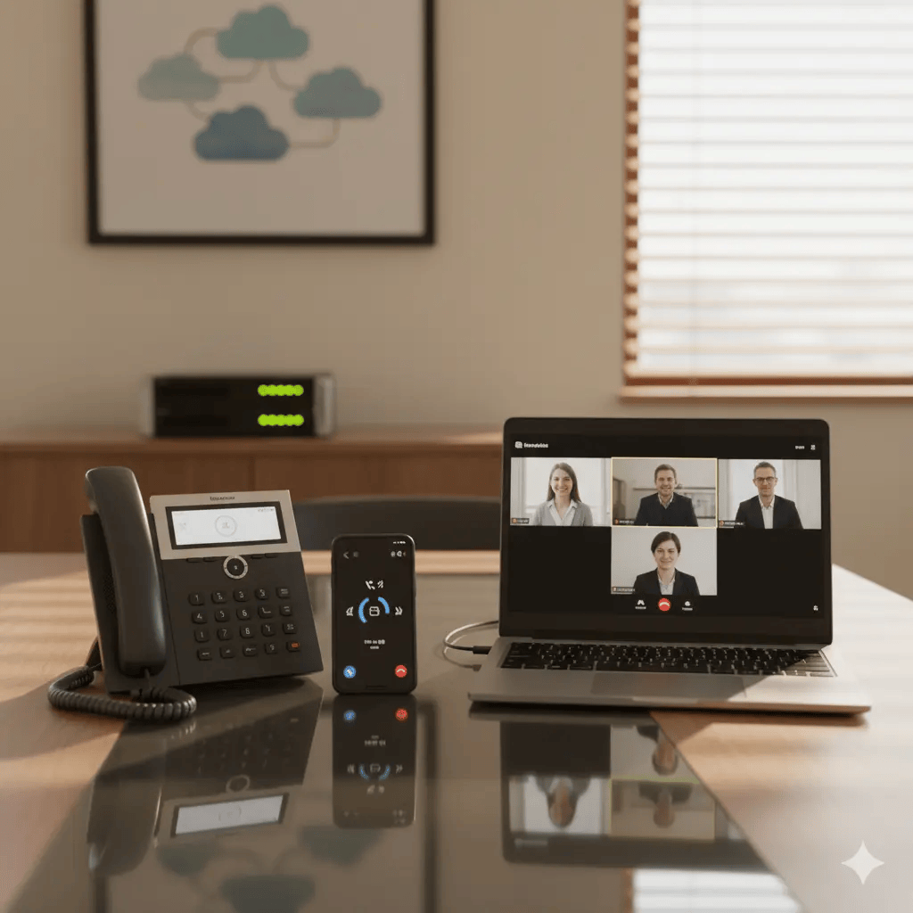 Desk setup with VoIP phone, smartphone, and laptop connected through a session border controller in business phone systems for small businesses.
