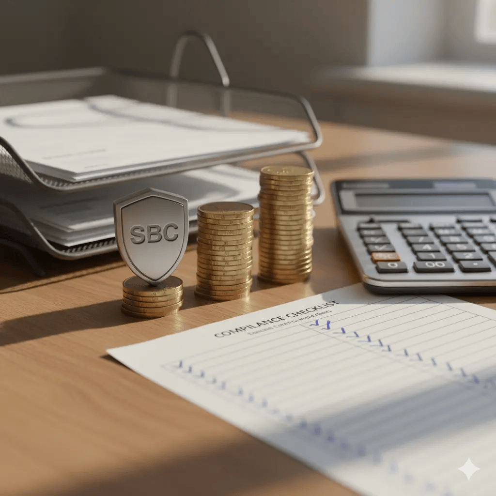 Stacks of coins and an SBC shield symbolising session border controller benefits for cost savings and compliance in business phone systems for small businesses.