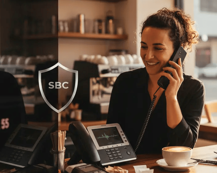 Small business owner using a desk phone in a café protected by session border controller security within business phone systems for small businesses.